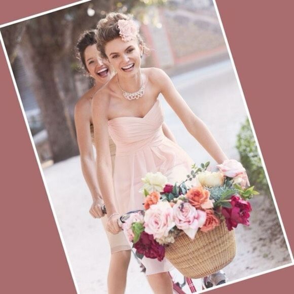 NWOT David's Bridal Strapless Pale Pink Crinkle Chiffon Mini Wedding Guest Dress - Picture 1 of 8